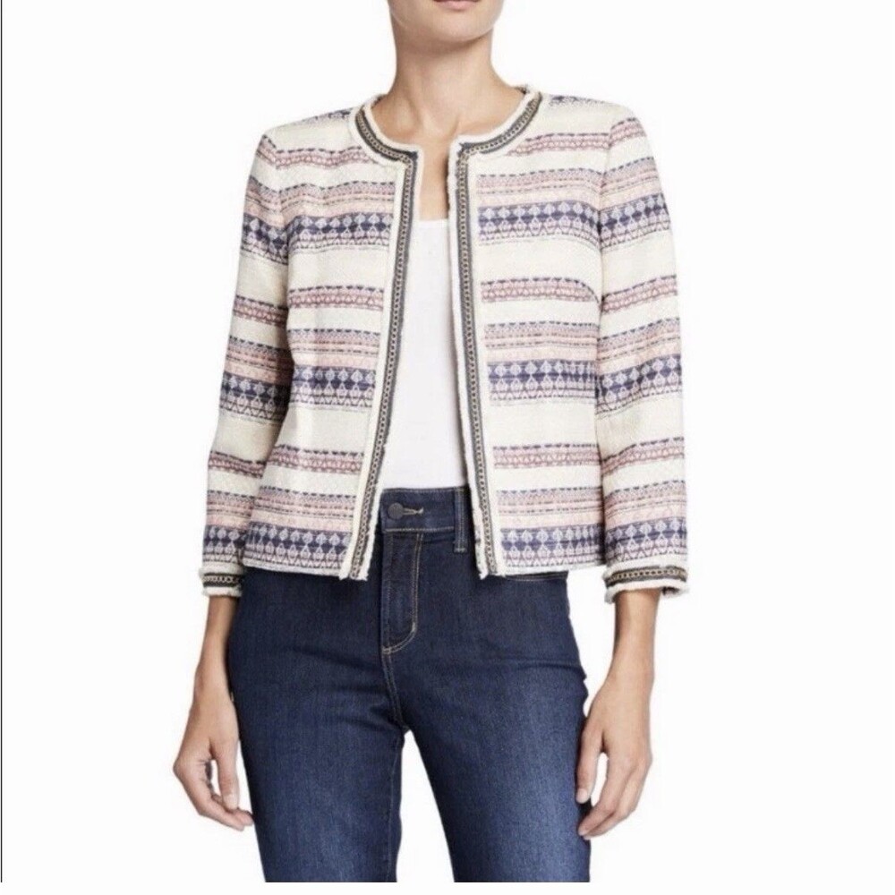 NWT Tahari Arthur S Levine 12P Striped Tweed Fringe Jacket Gold Chain Accent